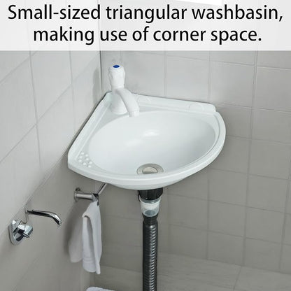 Small Bathroom Sink Wall Mount Bathroom Corner Sink, Triangular wash basin No-Drill Installation Self-Adhesive 12 x 12 Inch with 1.26 Inch Faucet Hole, Mini Rv sink Plastic Sink for Home, Dorm, Garage