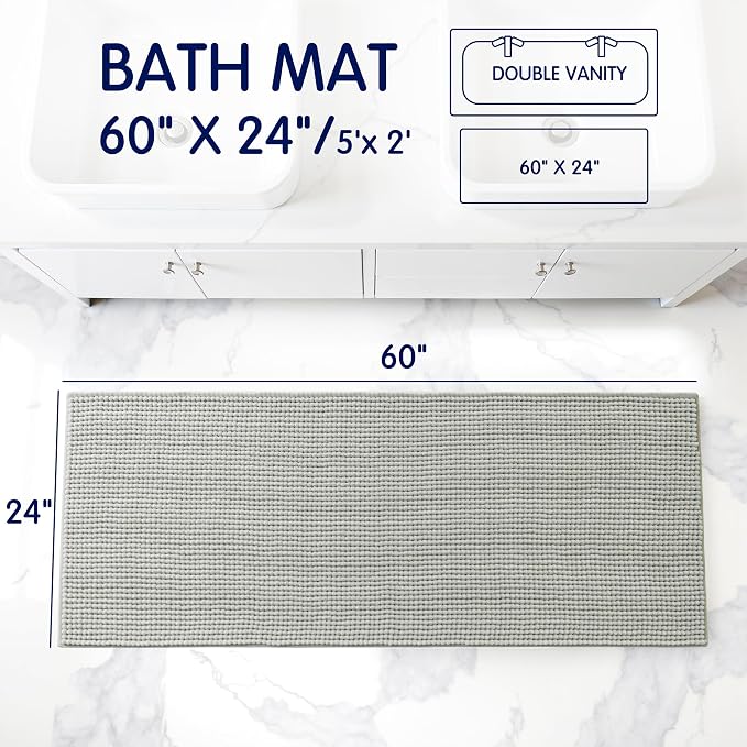 SUBRTEX Bathroom Rugs, 24" x 60" Chenille Bath Rug Soft Short Plush Bath Mat Soft Shower Mat Water Absorbent Shower Mat Quick Dry Machine Washable, Light Gray