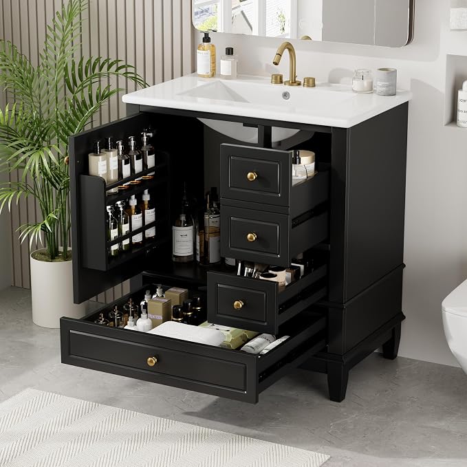30" Vanity with Sink, Bathroom Vanities 30 Inch with Sink, Single Sink Bathroom Vanity with Door Shelf and Three Drawers, Restroom Vanity with Sink Top (Black)