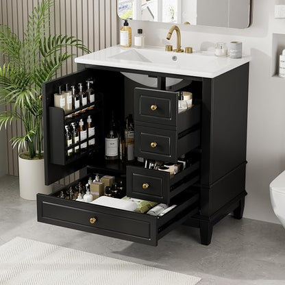30" Vanity with Sink, Bathroom Vanities 30 Inch with Sink, Single Sink Bathroom Vanity with Door Shelf and Three Drawers, Restroom Vanity with Sink Top (Black)