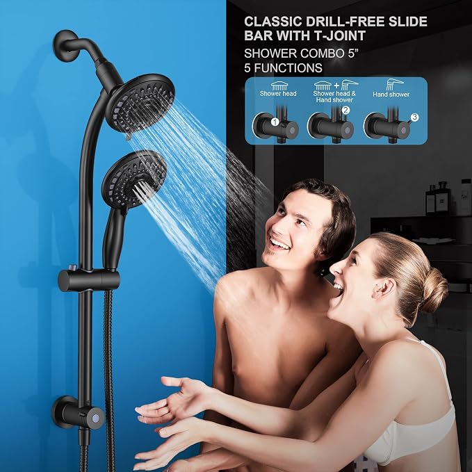 Handheld Showerhead & Rain Shower Combo for Easy Reach, 27.5" Drill-free Stainless Steel Slide Bar, 5”of 5-setting Handheld Shower and Showerhead, with 5ft Hose - Black
