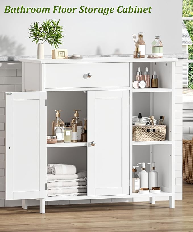 White Bathroom Floor Cabinet with Large Drawer, Floor Storage Cabinet with Doors & Adjustable Shelves, Modern Storage Cupboard with 3 Open Space for Living Room, Entryway, Dining Room