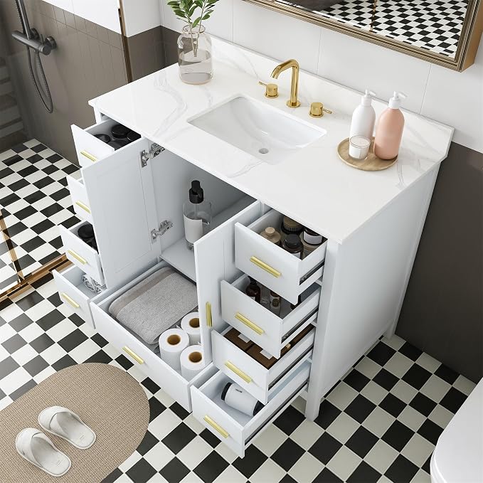 42 Inch Bathroom Vanity with Sink&Countertop,Carrara White Quartz Counter Top with Sink&Backsplash,White Bathroom Cabinet Set with 2 Doors and 9 Drawer(Three Holes)