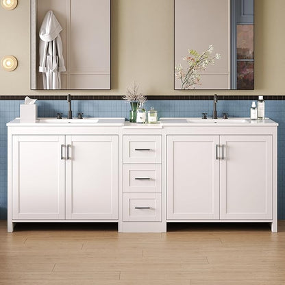 Merax 84 Inch Double Sink Bathroom Vanity with Quartz Countertop & Ceramic Basins, Bathroom Sink Vanity with Large Storage, Adjustable Shelves, 3 Drawers, Soft Close Hinges, Silver Handles, White