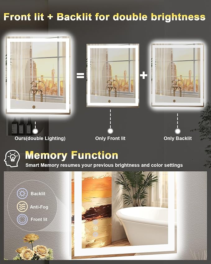 20x28 LED Bathroom Mirror, 6000LM, Separate Front and Back Lights | UL Certified,Shatter-Resistant Tempered Glass,Auto-Off Defogger,3 Color Modes,Smooth Dimming,Smart Memory Setting