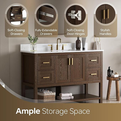 48 Inch Bathroom Vanity with Sink, Farmhouse Storage Cabinet with Drawers & Open Storage Shelf, Fully-Assembled, Soft-Closing Drawers and Adjustable Feet, Walnut