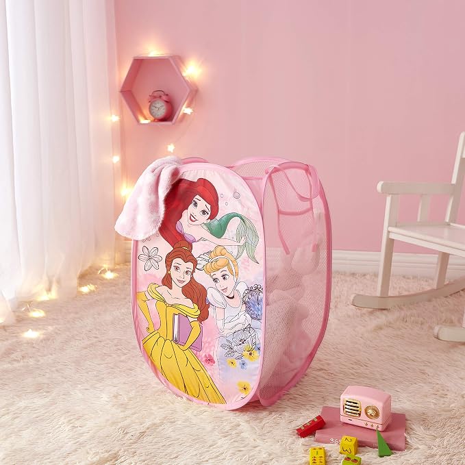 Disney Princess Pop-Up Laundry Hamper for Kids,Collapsible Mesh Storage Basket with Handles, Foldable Toy & Clothes Organizer, Pink Princess Design