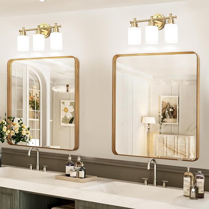 3-Light Gold Bathroom Vanity Light Fixtures, Brushed Gold Wall Sconce, Champagne Gold Vanity Light with Milky White Glass Shade Over Mirror, Bathroom, Bedroom, Modern Style, E26 Base | Champagne Gold Vanity Light Over Mirror with Milky White Glass Shad...