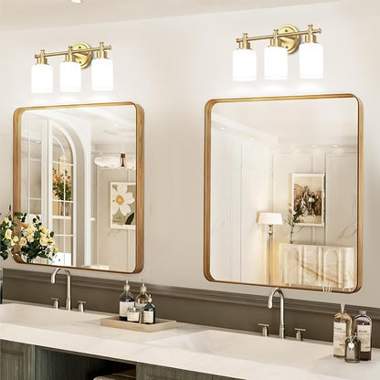 3-Light Gold Bathroom Vanity Light Fixtures, Brushed Gold Wall Sconce, Champagne Gold Vanity Light with Milky White Glass Shade Over Mirror, Bathroom, Bedroom, Modern Style, E26 Base | Champagne Gold Vanity Light Over Mirror with Milky White Glass Shad...