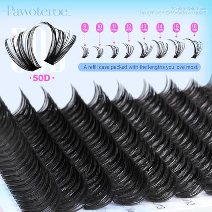 Lash Clusters 200pcs Individual Lashes 50D Cluster Eyelash Extensions 9-16mm Eyelash Clusters Lash Extensions for Self Application (50D, 0.07D, 9-16mm Refill)