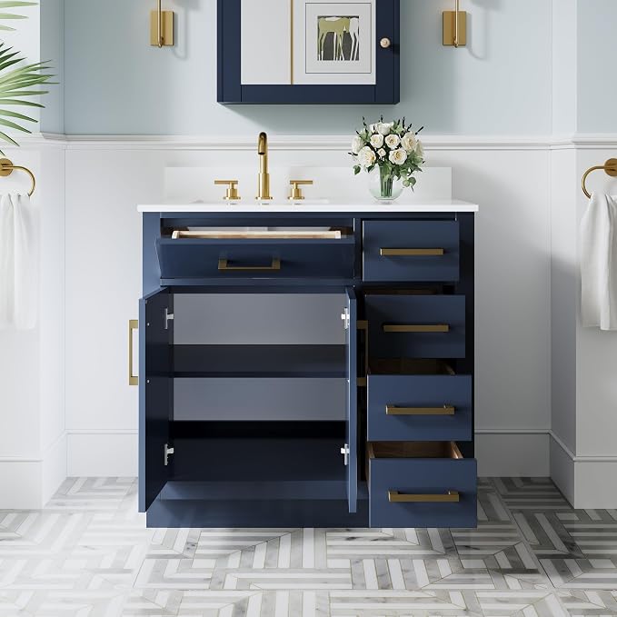 36-Inch Bathroom Vanity with Sink W/ 2 Doors & 4 Drawers & 1 Flip Drawer, Navy Blue Vanity W/Brushed Gold Handles