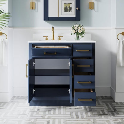 36-Inch Bathroom Vanity with Sink W/ 2 Doors & 4 Drawers & 1 Flip Drawer, Navy Blue Vanity W/Brushed Gold Handles