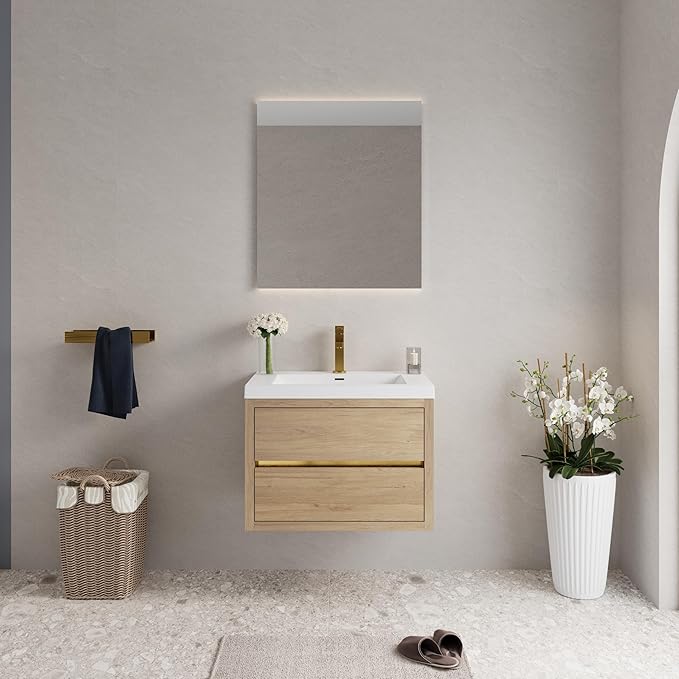 Abruzzo 30" Natural Oak Wall-Mounted Bathroom Vanity with Sink – Stone Resin Countertop & Soft-Close Drawers, Waterproof Wood Cabinet for Small Bathrooms