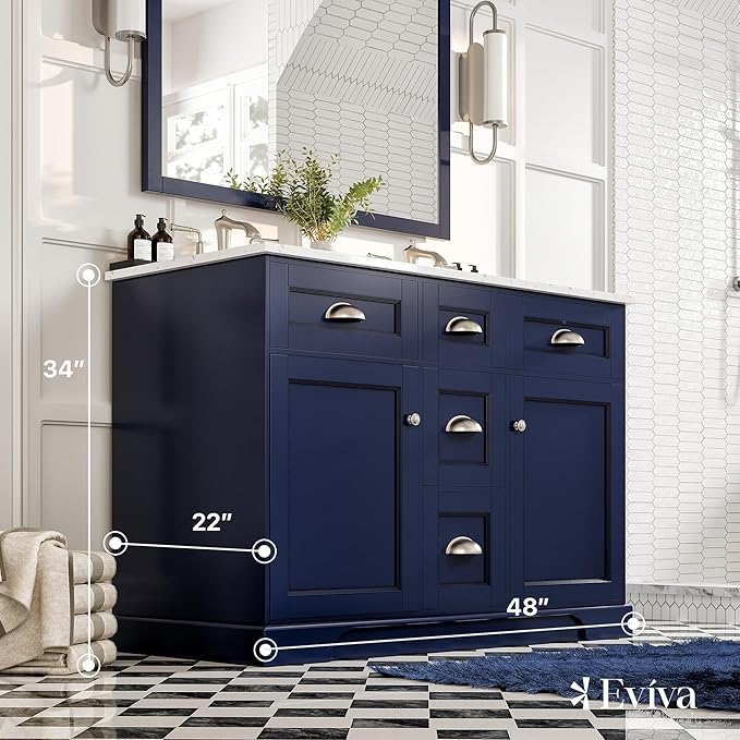 Eviva Epic 48 in. Blue Double Sink Bathroom Vanity with White Carrara Quartz Countertop