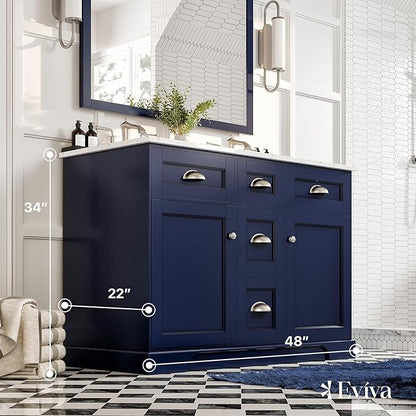 Eviva Epic 48 in. Blue Double Sink Bathroom Vanity with White Carrara Quartz Countertop