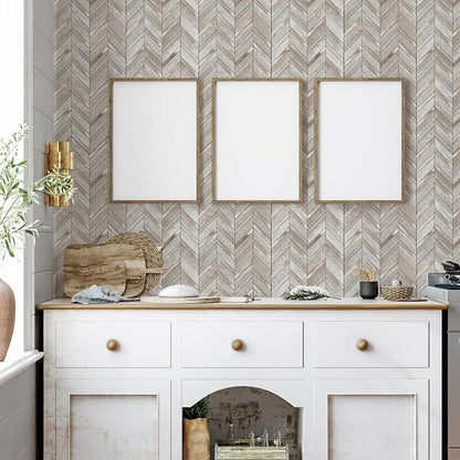 Yipscazo 10-Sheet Beige Slate Herringbone Peel and Stick Backsplash for Kitchen Walls,Heat Resistant PVC Mixed Metal Stick on Backsplash Tiles,Waterproof Peel and Stick Tile for Bathroom&Shower