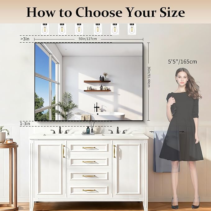 36x50inch Bathroom Mirror, Black Rectangle Mirrors with Thin Metal Frame, Large Rectangular Wall Mirror for Bathroom, Living Roomm, Hair Salon, Big Farmehouse Mirror Hang Horizontal/Vertical