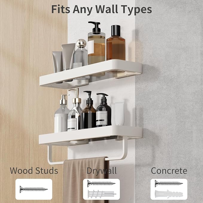 16-Inch White Floating Bathroom Shelves with Towel Bar， Clear Tempered Glass Wall Shelf 2-Pack – Versatile Bathroom Organizer Set