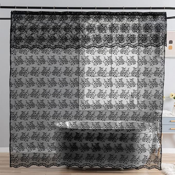 YJ YANJUN Black Lace Shower Curtain for Bathroom 72x72, Gothic Style with Attached Valance