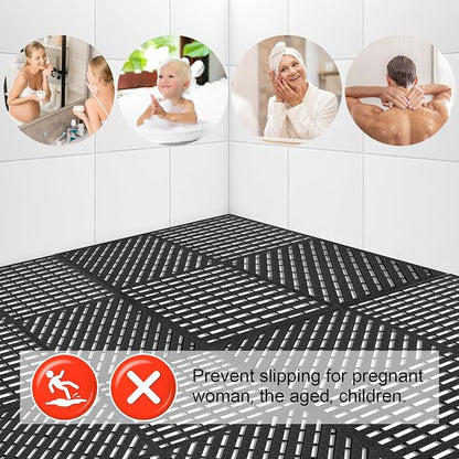 Modular Interlocking Cushion 12 Pack 11.8" x 11.8" Rubber Floor Tiles Non-Slip Splicing Drainage Mats for Deck, Pool, Shower, Patio, Balcony, Bathroom, Kitchen, Yard (Diagonal, Black)