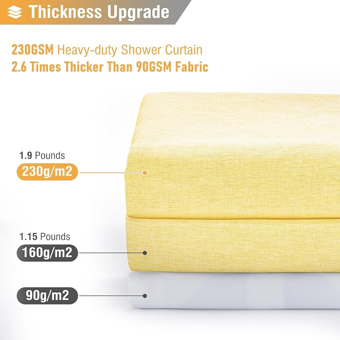 72x78 Linen Textured Waterproof Fabric Thick Shower Curtain, Yellow | Long Size, 230GSM Polyester, Heavy Duty Cloth, Weighted Hem, 12 Plastic Hooks, Modern Luxury Hotel Style, Machine Washable