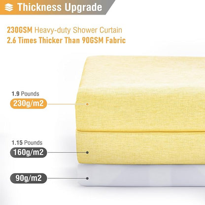 72x78 Linen Textured Waterproof Fabric Thick Shower Curtain, Yellow | Long Size, 230GSM Polyester, Heavy Duty Cloth, Weighted Hem, 12 Plastic Hooks, Modern Luxury Hotel Style, Machine Washable