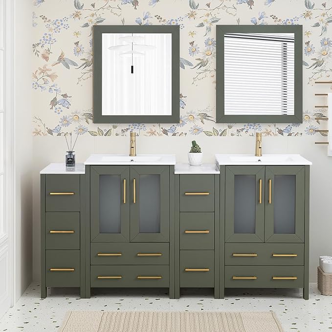 HOMEBEYOND 72 Inch Modern Bathroom Vanity with Sink & Mirror, Double Sink Vanity Cabinet with Basin and Mirror, Dove-Tailed Drawers, Soft-Closing Doors, Wood, Vintage Green