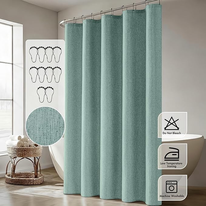 ANRODUO Teal Linen Textured Fabric Shower Curtain Set - 60"x72" with 10 Rust Resistant Durable Metal Hooks, Waterproof & Heavy Duty Polyester, Button Hole Design, Machine Washable for Bathroom