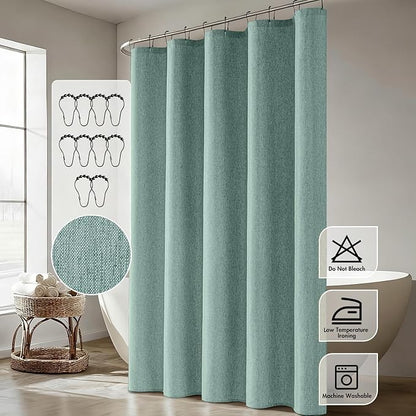 ANRODUO Teal Linen Textured Fabric Shower Curtain Set - 60"x72" with 10 Rust Resistant Durable Metal Hooks, Waterproof & Heavy Duty Polyester, Button Hole Design, Machine Washable for Bathroom