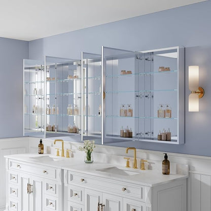 92" x 36" Bathroom Medicine Cabinet with Mirror, Anodized Chrome Aluminum Frame, Surface Mount or Recessed Medicine Cabinet with Mirror, Bathroom Mirror with Storage, Five Doors
