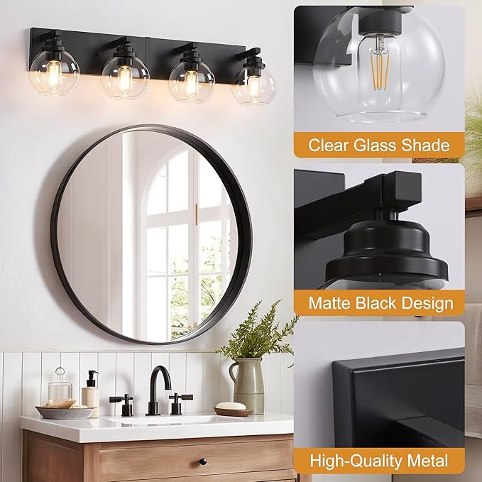 Bathroom Light Fixtures, 4-Light Matte Black Vanity Lights, Modern Bathroom Lighting Fixtures Over Mirror, Farmhouse Vanity Lights with Glass Shade for Living Room, Bedroom, Hallway