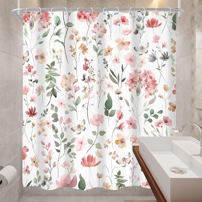 Pink Blush Coral Flower Floral Wildflower Leaf Bathroom Shower Curtain Set | 60"W x 72"H Leaves Butterfly; waterproof HD print, quick-dry fabric and plastic hooks for easy setup.