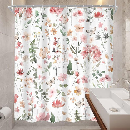 Pink Blush Coral Flower Floral Wildflower Leaf Bathroom Shower Curtain Set | 60"W x 72"H Leaves Butterfly; waterproof HD print, quick-dry fabric and plastic hooks for easy setup.