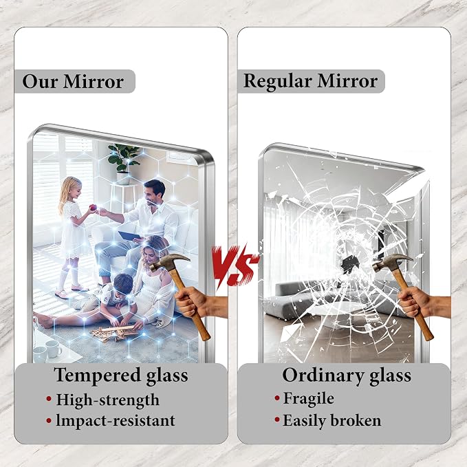 Matte Silver Metal Framed Vanity Rounded Rectangle Bathroom 24X32 Inch Mirrors for Over Sink Wall,Modern Decorative for Restroom, Anti-Rust Aluminum Alloy Mirror, Horizontally or Vertically Hanging
