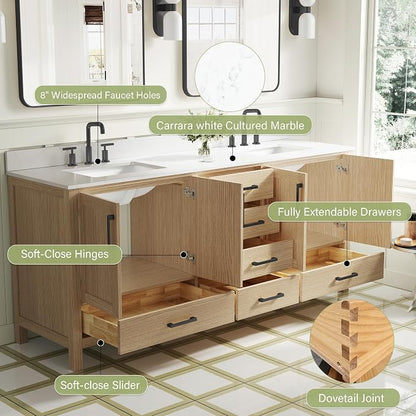 80-Inch Bathroom Vanity with Sink, 4 Soft-Close Doors and 6 Soft-Close Drawers, Bathroom Freestanding Vanity with Cultured Marble Countertop, Oak Vanity with Matte Black Handles