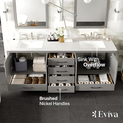 Eviva Aberdeen 84 in. Gray Double Sink Bath Vanity with Carrara Quartz Top and Undermount Porcelain Sinks