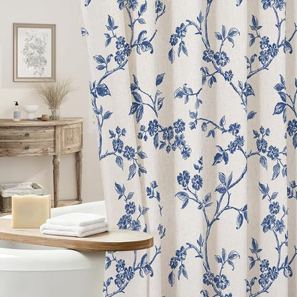 MitoVilla Navy Blue Linen Floral Shower Curtain for Bathroom, 72 x 72 | Navy Blue BoHo Cottagecore Spring Shower Curtains, Modern Farmhouse Country Plant Leaves Bathroom Décor, 72 x 72