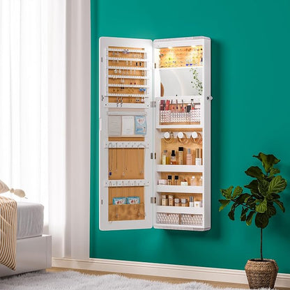 HNEBC Over the Door Jewelry Organizer with LED Lights, 47.2" Full Length Mirror with Storage, Wall Mounted Jewelry Armoire, Hanging Mirror with 2 Drawers,Lokable,3 Shelves-White