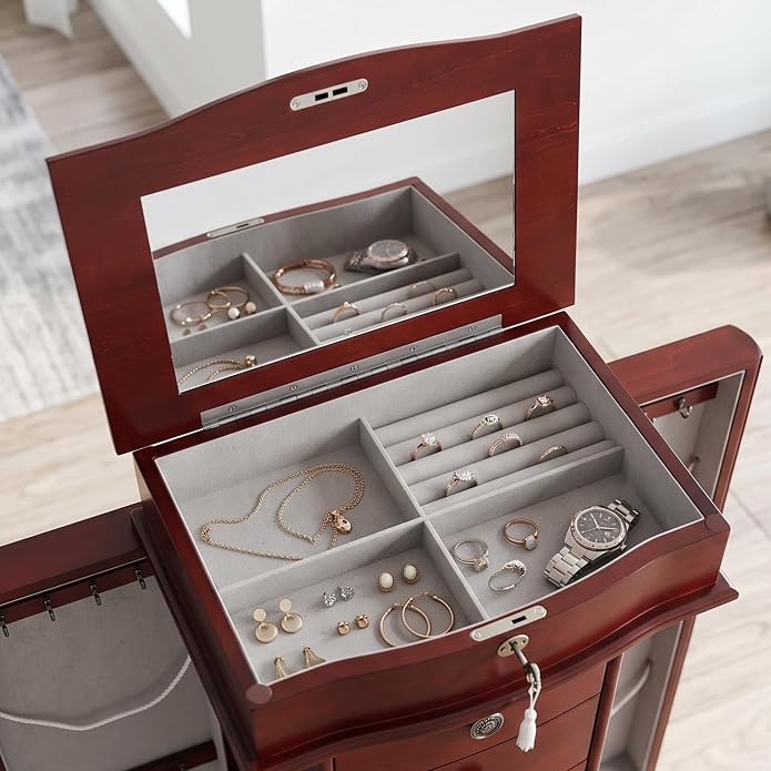 Hives and Honey Noelle Standing Jewelry Armoire, Locking Organizer with Mirror, 7 Drawers, Side Doors, Necklace Hooks, Ring Rolls, Jewelry Box for Earrings, Bracelets, and More