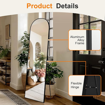 Arched Full Length Mirror, 56"x15" Standing Body Mirror for Wall, Black | Built-in Stand, HD Shatterproof Glass, Aluminum Alloy Frame, Hanging or Standing, for Bedroom, Living Room & Dressing Room