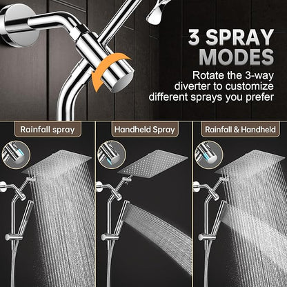 Veken All Metal 12" Luxurious Shower Head with Handheld,Full Body Coverage | Large Detachable 12" Square Rain Showerhead,Dual High Pressure Shower Heads Combo,Power Jet,Overhead Waterfall,Chrome,Silver