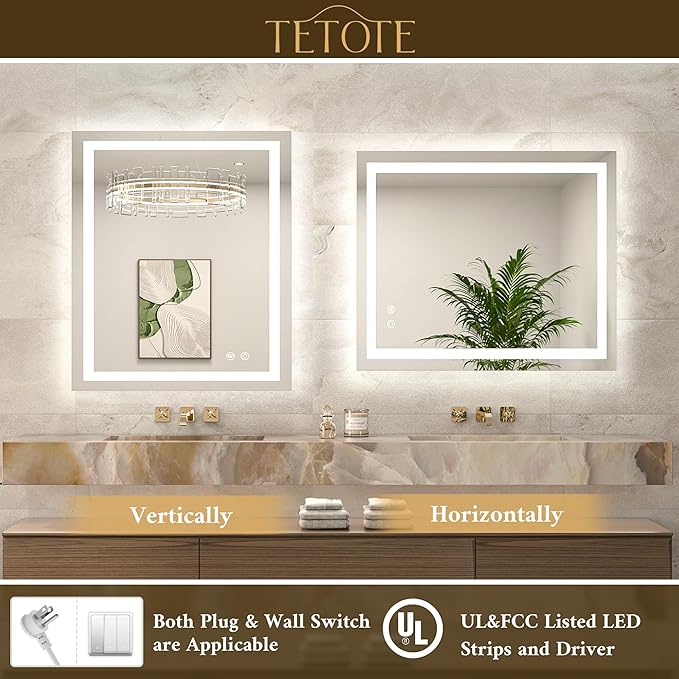 TETOTE LED Bathroom Mirror 30 x 36 Front and Backlit Lighted Bathroom Vanity Mirror with Brighter Lights 3-Color Dimmable Led Anti Fog Light up Mirror, Waterproof, Shatterproof Tempered Glass