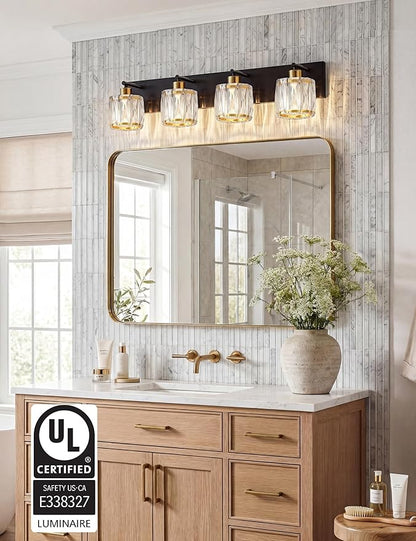 VOLISUN Crystal Vanity Lights for Bathrooms, 4 Light Bathroom Vanity Light, Black and Gold Bathroom Light Over Mirror, Modern Bathrooms Lights Fixtures-UL Certificated(Exclude Bulb)