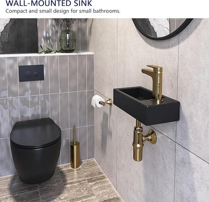 DeerValley Small Bathroom Sink, 15"x7" Mini Rectangle Wall Mount Vessel Sink for Bathroom Powder Room Cloakroom, Floating Space Saving Design, Easy to Clean Matte Black Ceramic Wash Basin (Right Hand)