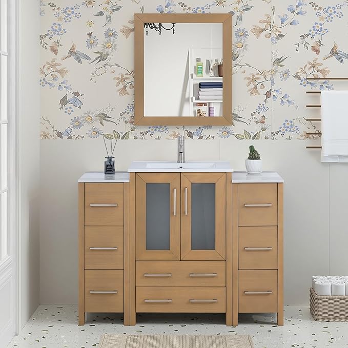 HOMEBEYOND 48 Inch Modern Bathroom Vanity with Sink & Mirror, Single Vanity Cabinet with Basin and Mirror, Dove-Tailed Drawers, Soft-Closing Doors, Wood, Natural Oak