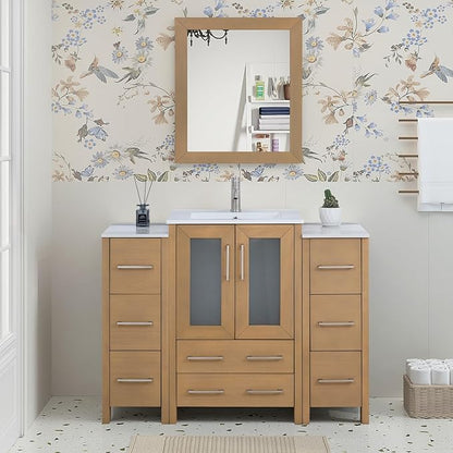 HOMEBEYOND 48 Inch Modern Bathroom Vanity with Sink & Mirror, Single Vanity Cabinet with Basin and Mirror, Dove-Tailed Drawers, Soft-Closing Doors, Wood, Natural Oak