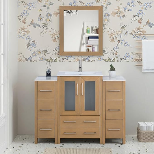 HOMEBEYOND 48 Inch Modern Bathroom Vanity with Sink & Mirror, Single Vanity Cabinet with Basin and Mirror, Dove-Tailed Drawers, Soft-Closing Doors, Wood, Natural Oak