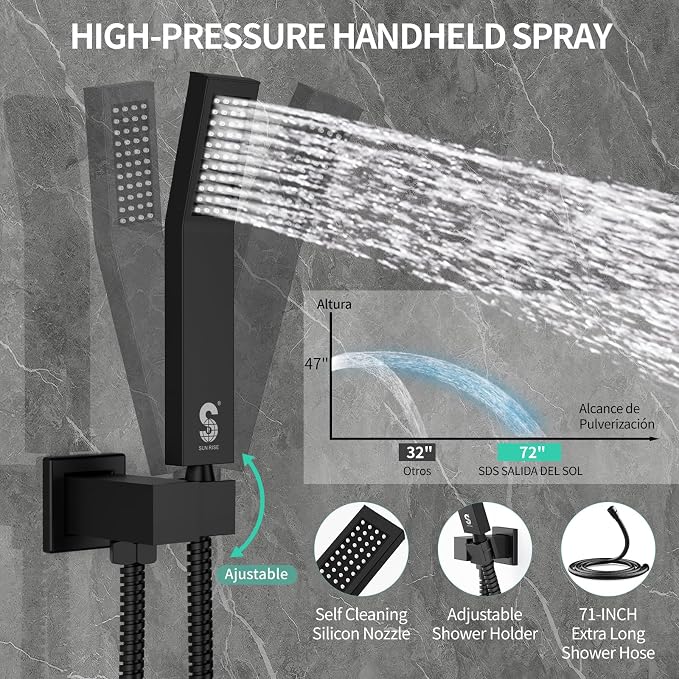 SR SUN RISE 10 Inch All Metal Square Shower System with Tub Spout, Tub Shower Faucet Set, High Pressure Rain Shower Head and Handheld Sprayer Shower Fixtues, Valve Included, Matte Black