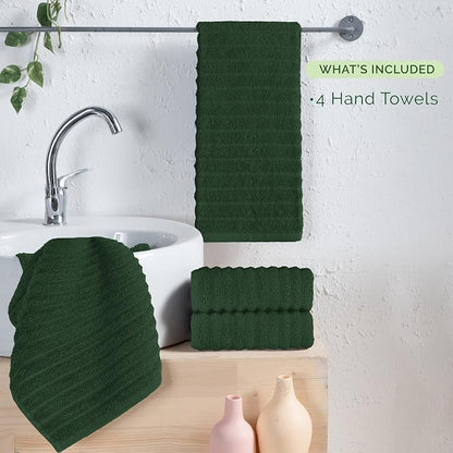 Elegant Comfort Luxury 100% Turkish Cotton Corduroy Ribbed 4 Pack Hand Towel Set 16 x 28 Inch - Absorbent, Super Soft, Quick Dry, Premium Towels for Bathroom, Gym, Spa and Hotel Use, Hunter Green