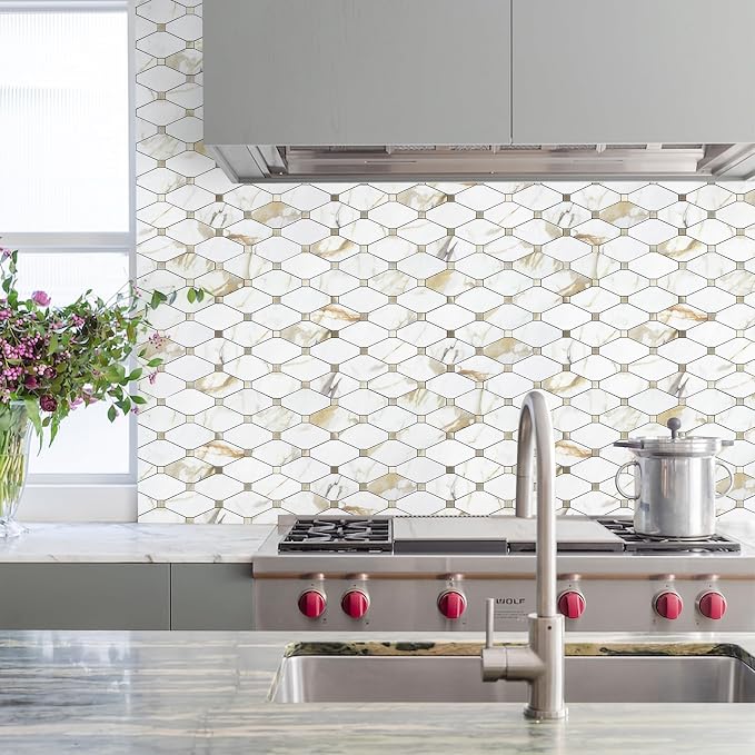 STICKGOO 1 Sheet Peel and Stick Backsplash, Calacatta Golden Stick on Aluminum Composite Tiles Stikers, Self Adhesive Mixed Metal Backsplash for Kitchen, Bathroom, Fireplace, RV